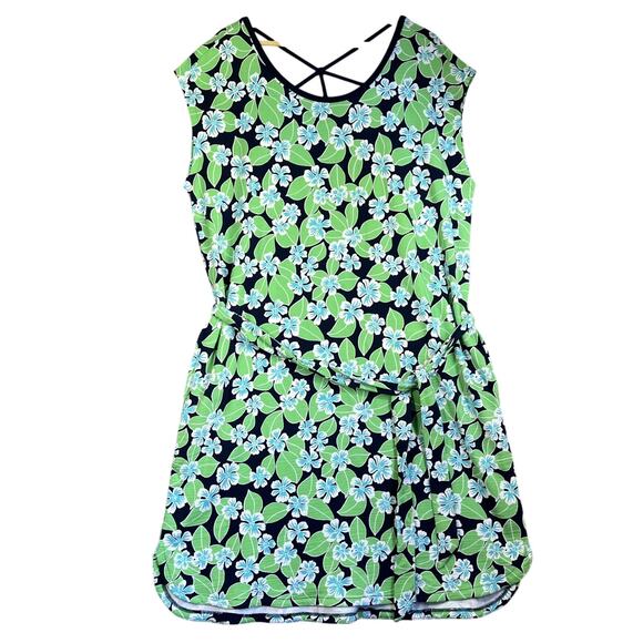 T by Talbots Dress 1X Navy Green Floral Fields Open Back UPF 50+ Pockets Belt - Picture 1 of 12